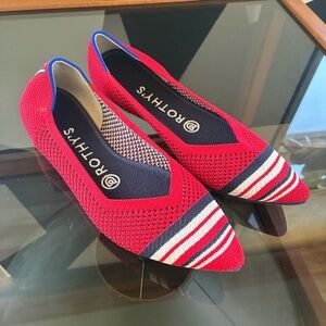 Rothy's Vibrant Red Flats with Blue and White Accents
